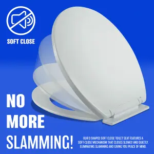 Soft Close White Toilet Seat - Luxury Bathroom Slow Seats Wc Heavy Duty D Shaped Easy to Install Fittings Included Home