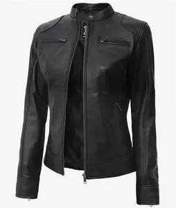 Womens Leather Moto Jacket | Black Cafe Racer Style