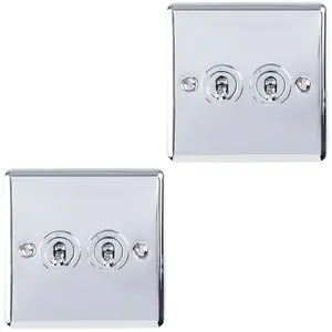 2 PACK 2 Gang Double Retro Toggle Light Switch POLISHED CHROME 10A 2 Way Plate