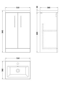 Compact Floor Standing 2 Door Vanity Basin Unit with Ceramic Basin - 500mm - Gloss White