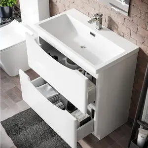 Nes Home Modern 800mm Freestanding Gloss White Basin Vanity Sink 2 Drawer