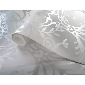 Holden Statement Floral Damask Pattern Metallic Textured Wallpaper Silver 50011