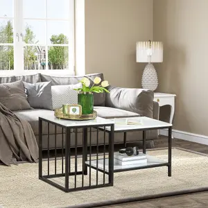 HOMCOM Modern Coffee Table Set of Two w/ Steel Frame Marble-Effect White