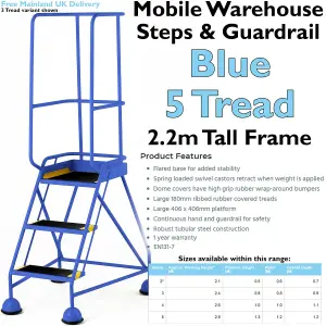 5 Tread Mobile Warehouse Steps & Guardrail BLUE 2.2m Portable Safety Stairs