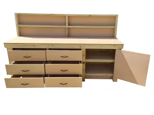 Wooden MDF top workbench, tool cabinet with lockable cupboard (V.3) (H-90cm, D-70cm, L-240cm) with back and double shelf