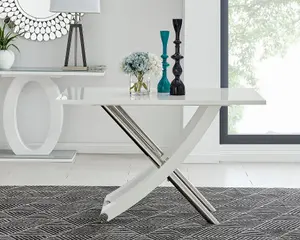 Furniturebox UK Mayfair 4 White High Gloss And Stainless Steel Dining Table And 4 White Corona Silver Leg Chairs