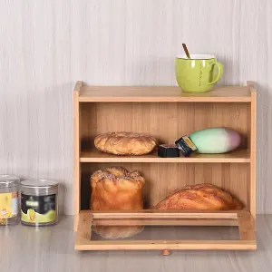 2 Tier Bamboo Bread Box Bread Container for Kitchen Counter