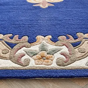 Navy Traditional Rug, Handmade Rug with 25mm Thickness, Navy Floral Rug for Living Room, & Dining Room-75cm X 150cm