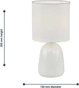 Set of 2 White Ceramic 26cm Table Lamps or Bedside Lights with Matching Fabric Shades, LED Compatible