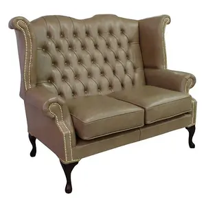 Chesterfield 2 Seater High Back Wing Sofa Old English Parchment Leather In Queen Anne Style