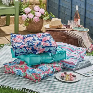 Pink Floral Garden Booster Cushion - Floor Pillow or Furniture Seat Pad with Water Resistant Fabric & Handle - 51 x 51 x 10cm