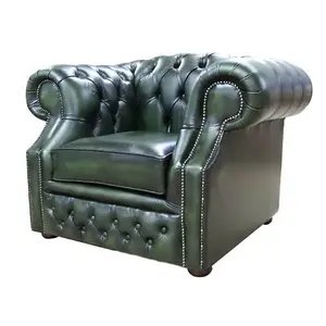 Chesterfield Club Chair Antique Green Real Leather In Buckingham Style