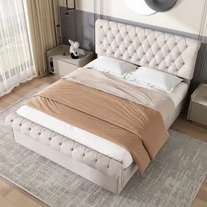 Modern Ottoman Velvet Double Bed Frame 4FT6 Tufted Headboard with Large Under Bed Storage Beige Cream 135x190cm