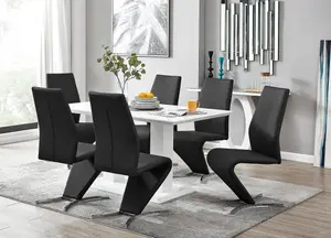 Imperia White High Gloss 6 Seater Dining Table with Structural 2 Plinth Column Legs And 6 Black Faux Leather Willow Chairs