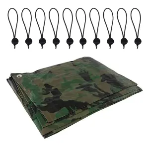 10 x 10 m Tarpaulin Waterproof Heavy Duty Cover Camping Ground Sheet Caravan Furniture Multipurpose 10 Bungee Balls Camo 85 GSM