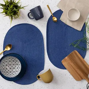 Wipe Clean Woven Oval Placemats Deep Blue Set of 4 29cm x 44cm