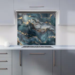 Blues And Gold Marble Effect Premium Glass Kitchen Splashback W600mm x H750mm