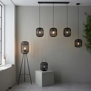 Luminosa Mathias Bar Pendant Ceiling Lamp, Dark Bamboo, Plywood With Matt Black Paint