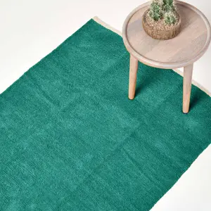 Homescapes Teal Green 100% Cotton Plain Chenille Rug with Natural Trim, 60 x 100 cm