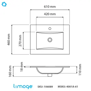 4001A Ceramic 60cm x 45cm Thin-Edge Inset Basin with Scooped Bowl