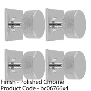 4 PACK - Knurled Radio Cabinet Door Knob & Matching Backplate - Polished Chrome 40 x 40mm