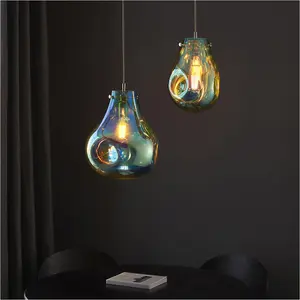 Hanging Ceiling Pendant Light - Petrol Blue Metallic Glass & Chrome Plate - 10W LED E27