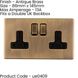 2 Gang DP 13A Switched UK Plug Socket SCREWLESS ANTIQUE BRASS Wall Power Outlet