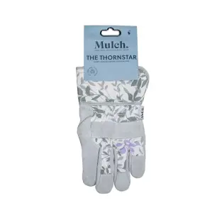 Mulch. Suede Palm Gardening Gloves - Extended Cuff - Lavender & Green Leaf Print - Medium Size 8 - 1 Pair