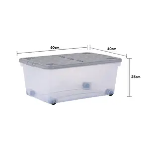 5 x Wham 45L Stackable Plastic Storage Box with Wheels & Folding Lid Clear/Cool Grey