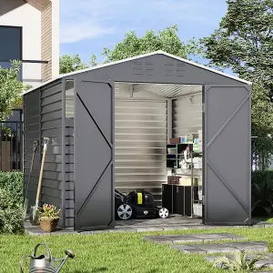 246.5cm W Charcoal Steel Outdoor Garden Tool Storage Shed with Windows, Vents, and Built-in Shelves, Black