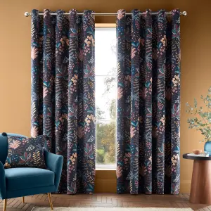 Catherine Lansfield Exotic Leaves Soft Recycled Polyester Velour 46x72 Inch Eyelet Curtains Two Panels Black