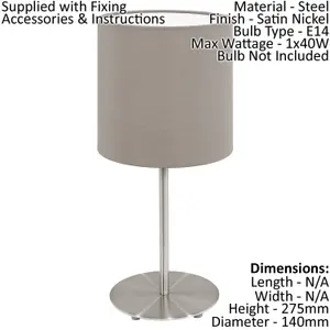 2 PACK Table Desk Lamp Colour Satin Nickel Steel Shade Taupe Fabric E14 1x40W