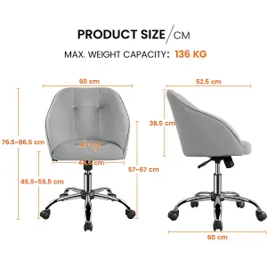 Yaheetech Height Adjustable Swivel Desk Chair with Castors and Armrests - Light Grey / Velvet