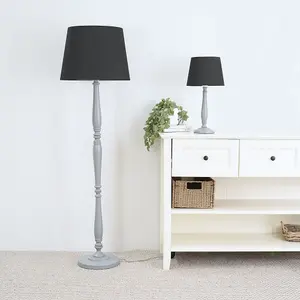 ValueLights Victoria Traditional Grey Wood Candlestick Table Lamp with Black Tapered Shade