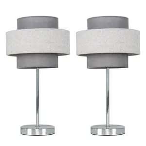 ValueLights Weaver Pair of Polished Chrome Touch Bedside Table Lamps with Grey Herringbone Shades