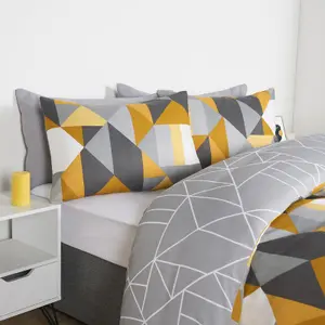 Duvet Cover Bedding Set Pillowcase Geometric Reversible Quilt, Ochre - Superking