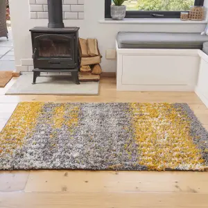 Yellow Ochre Grey Distressed Abstract Scandi Shaggy Living Area Rug 80x150cm