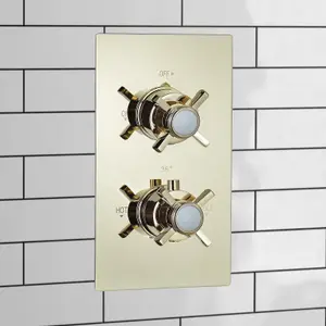 ENKI Edwardian Gold Traditional Crosshead Ceiling Fixed Brass Thermostatic Shower Set 8"