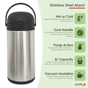 Oypla 5L Stainless Steel Airpot Insulated Vacuum Thermal Flask Jug