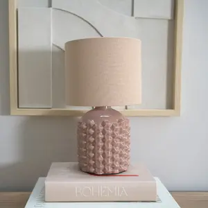 ValueLights Asha Pair - Ceramic Pink Geometric Textured Base Table Lamp with Drum Shade - LED Bulbs Included