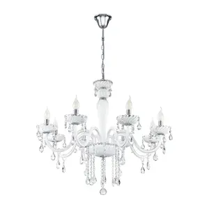 Chandelier Pendant Ceiling Light Colour Chrome Shade White Glass Droplets Bulb E14 8x40W