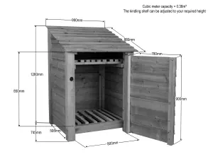 Wooden log store with door and kindling shelf W-99cm, H-126cm, D-88cm - natural (light green) finish