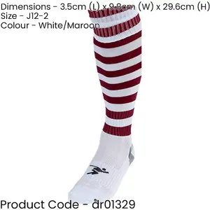 JUNIOR Size 12-2 Hooped Stripe Football Socks - WHITE/MAROON - Contoured Ankle