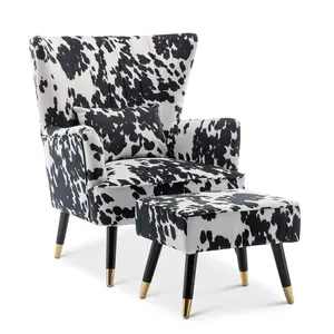 Cow Print Fabric Victoria Accent Chair with Footstool