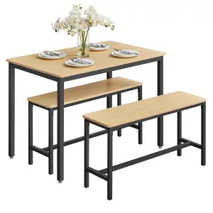 VASAGLE Dining Table with 2 Benches, 3 Piece Set,  2 Benches of 30 x 97 x 50 cm Each, Steel Frame, Golden Oak and Ink Black