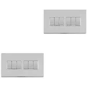 2 PACK 6 Gang Multi Light Switch SCREWLESS POLISHED CHROME 2 Way 10A Rocker