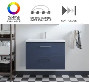 Level Wall Hung 2 Drawer Vanity Unit with Mid-Edge Ceramic Basin, 800mm - Matt Electric Blue - Balterley