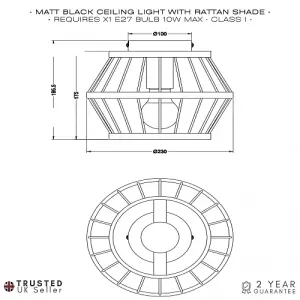 Vintage and Industrial Black Metal Ceiling Light Fitting with Outer Bamboo Frame