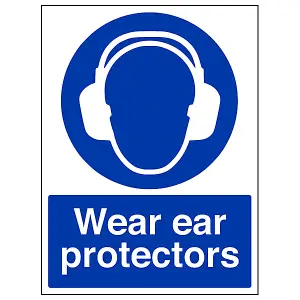 Wear Ear Protectors Mandatory PPE Sign - Adhesive Vinyl - 150x200mm (x3)