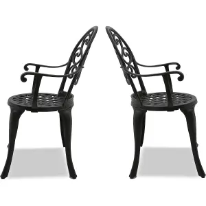 Homeology Prego 2-Large Garden and Patio Bistro Chairs with Armrests in Cast Aluminium Black